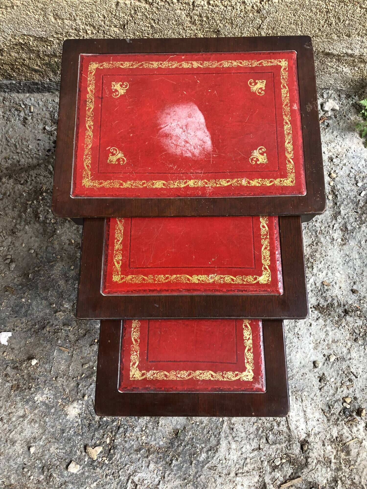 Series 3 Tables Trundles Wood Bent Feet + Top Embossed Leather Vintage Red