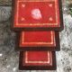 Series 3 Tables Trundles Wood Bent Feet + Top Embossed Leather Vintage Red