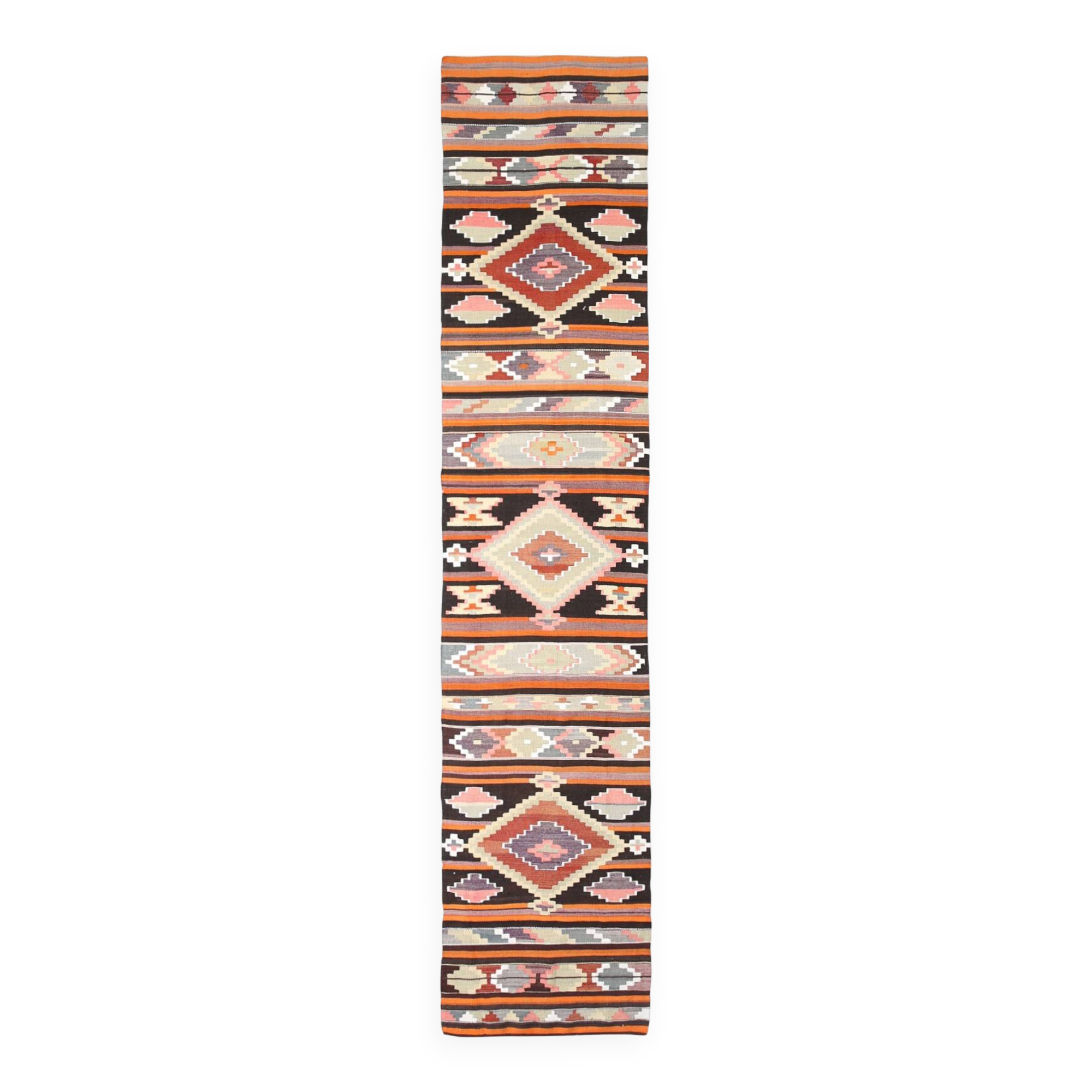 Pink & Brown Turkish Vintage Kilim Runner Rug, 77x387Cm