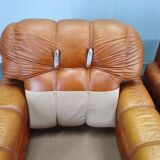 Pair of modern Italian armchairs from the mid-20th century, cognac leather, 1970.