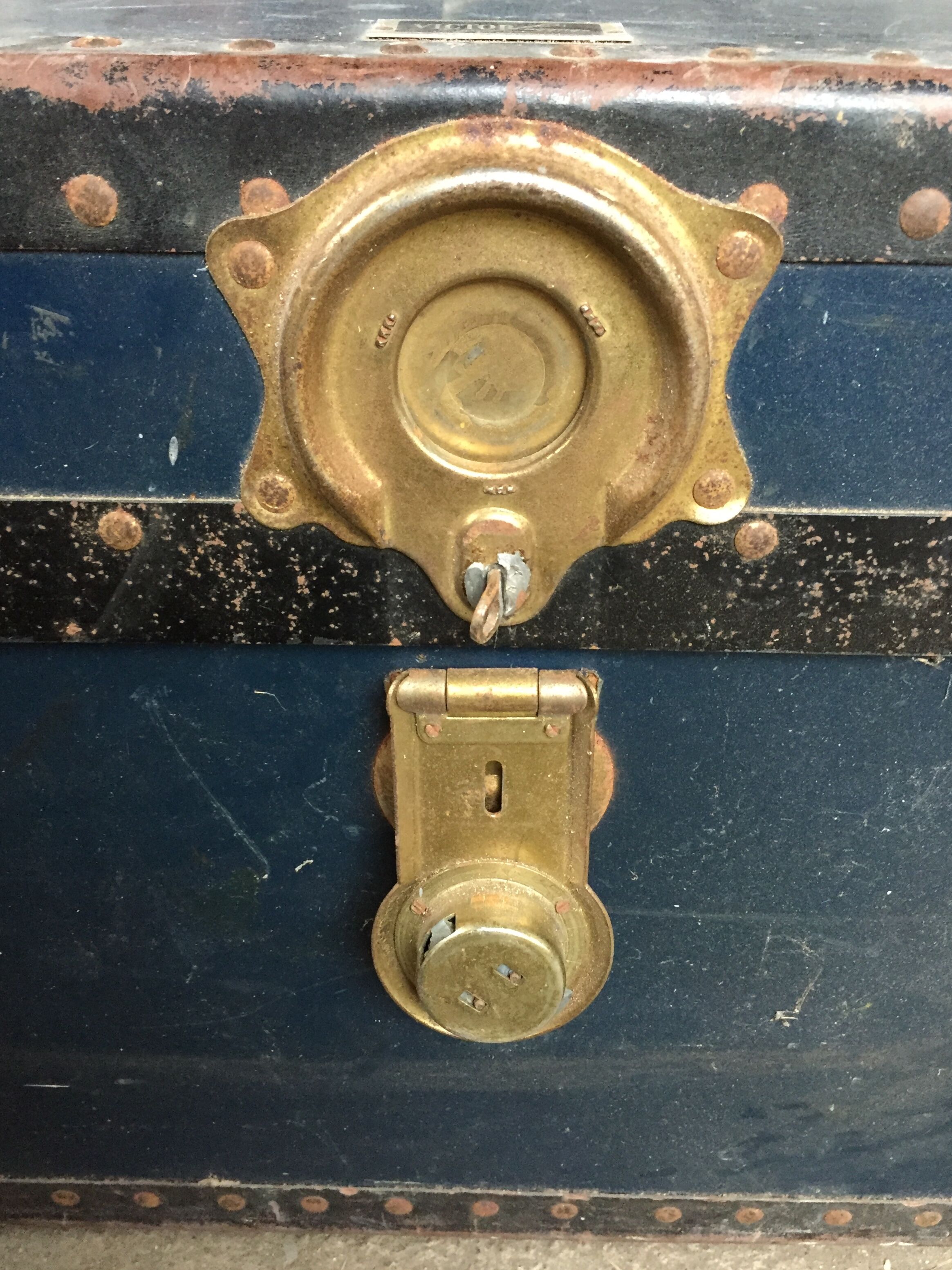 Large blue travel trunk