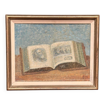 Huile sur panneau suédoise d'époque mi-siècle – « Livre » par Otti Ljunggren – Vintage et encadrée – 49 × 41 cm (19,3" × 16,1")