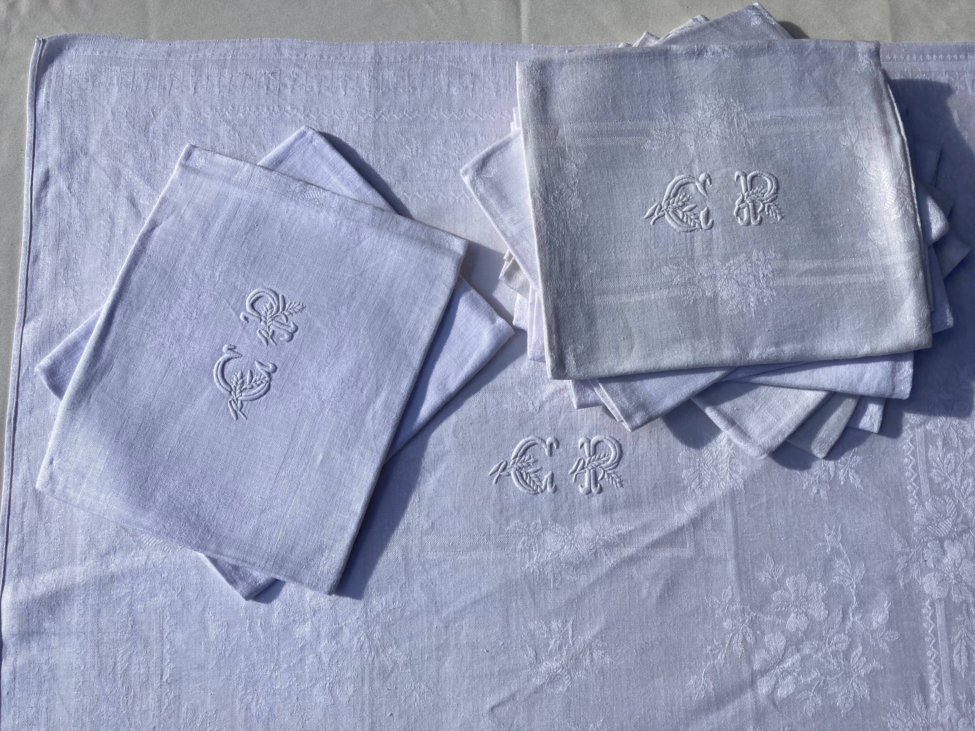 10 old damask and monogrammed napkins