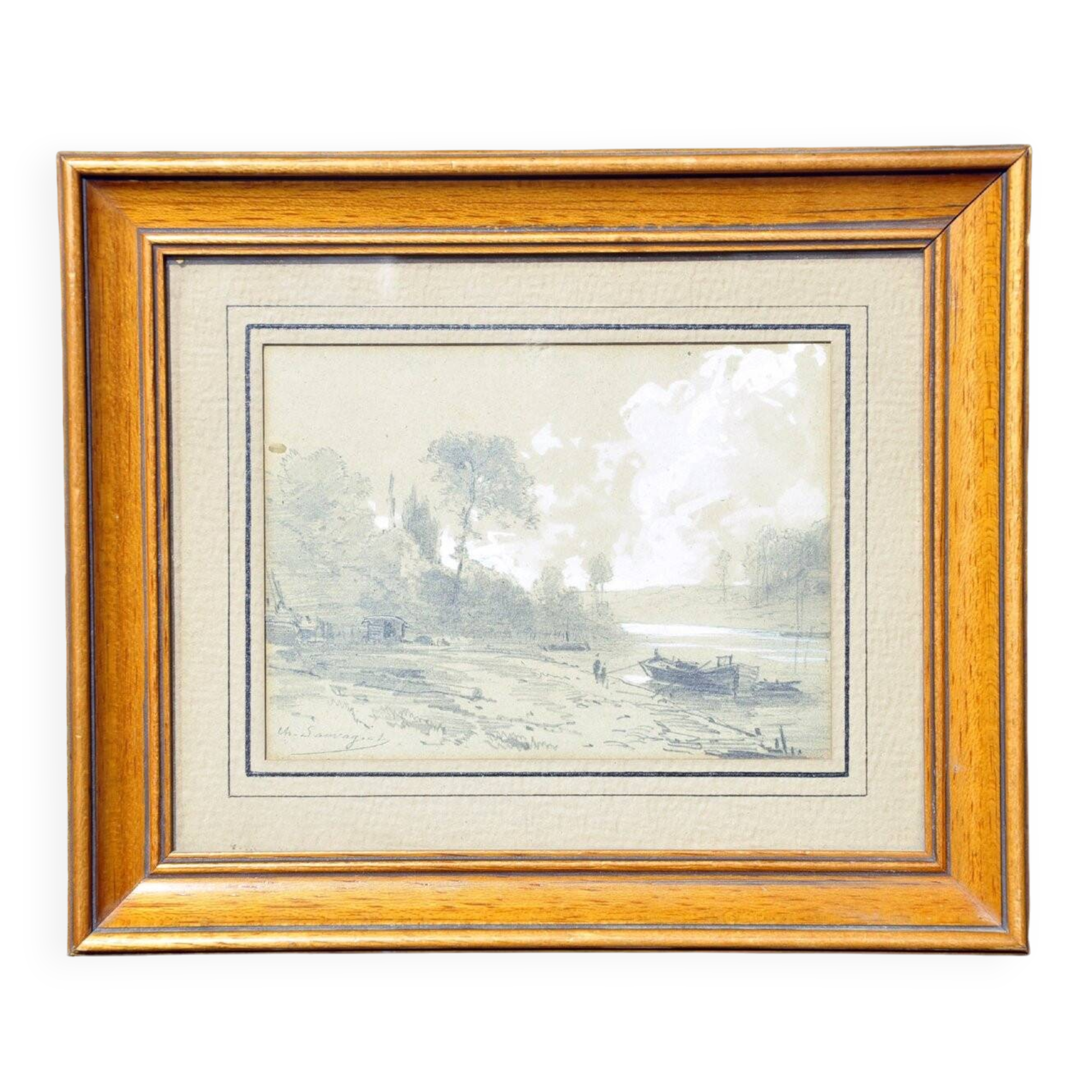 Charles-Théodore Sauvageot graphite river landscape