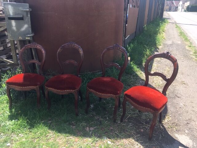 lot of 4 chairs Castle Chippendale, Louis XV late 1800s red velvet