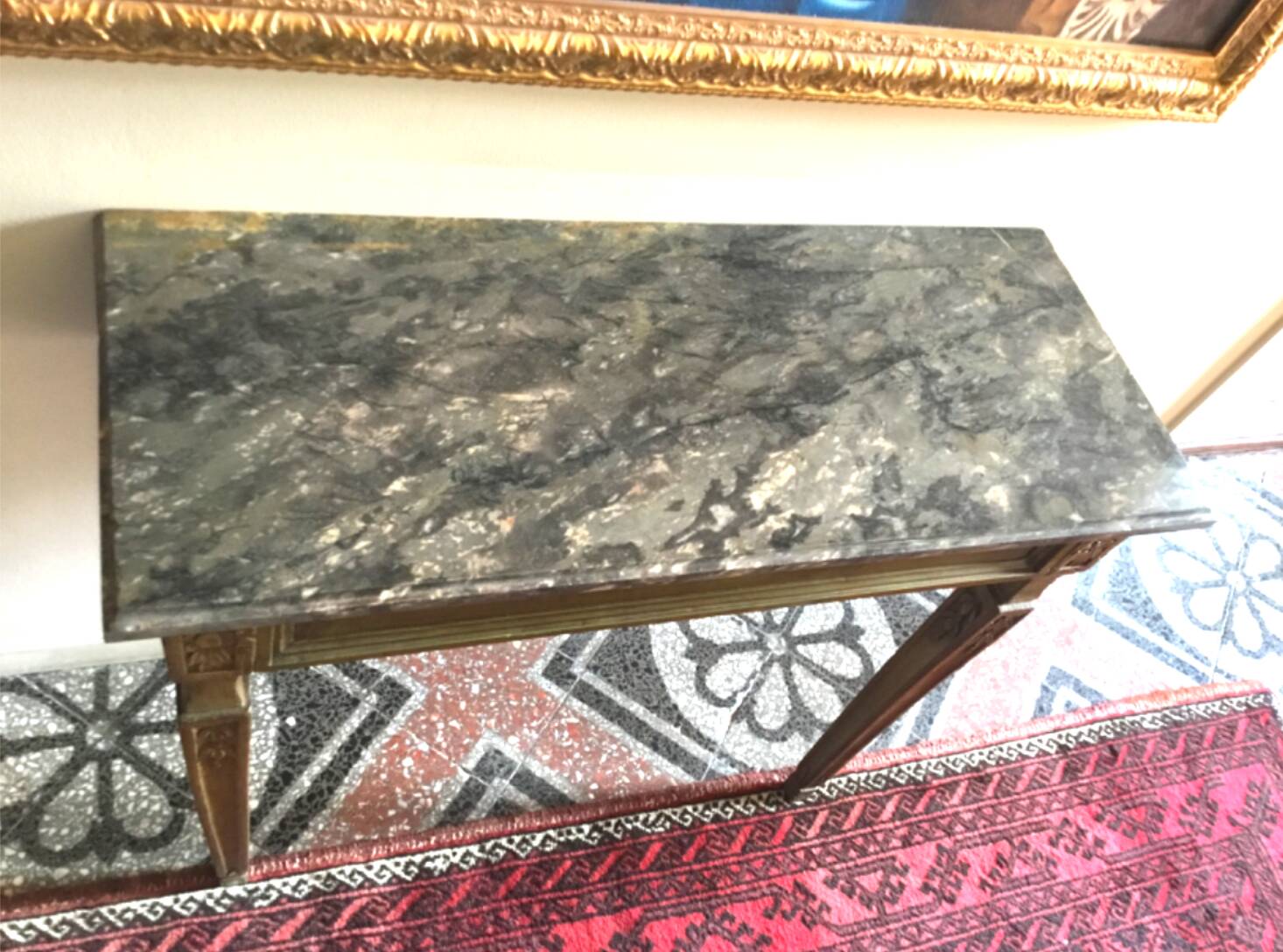 Louis XVI style lacquered wood console with marble top. Antique work