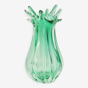 Mid-century green ribbed murano glass vase from seguso vetri d'arte, italy, 1960s
