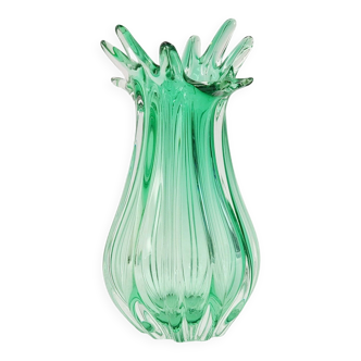 Mid-century green ribbed murano glass vase from seguso vetri d'arte, italy, 1960s