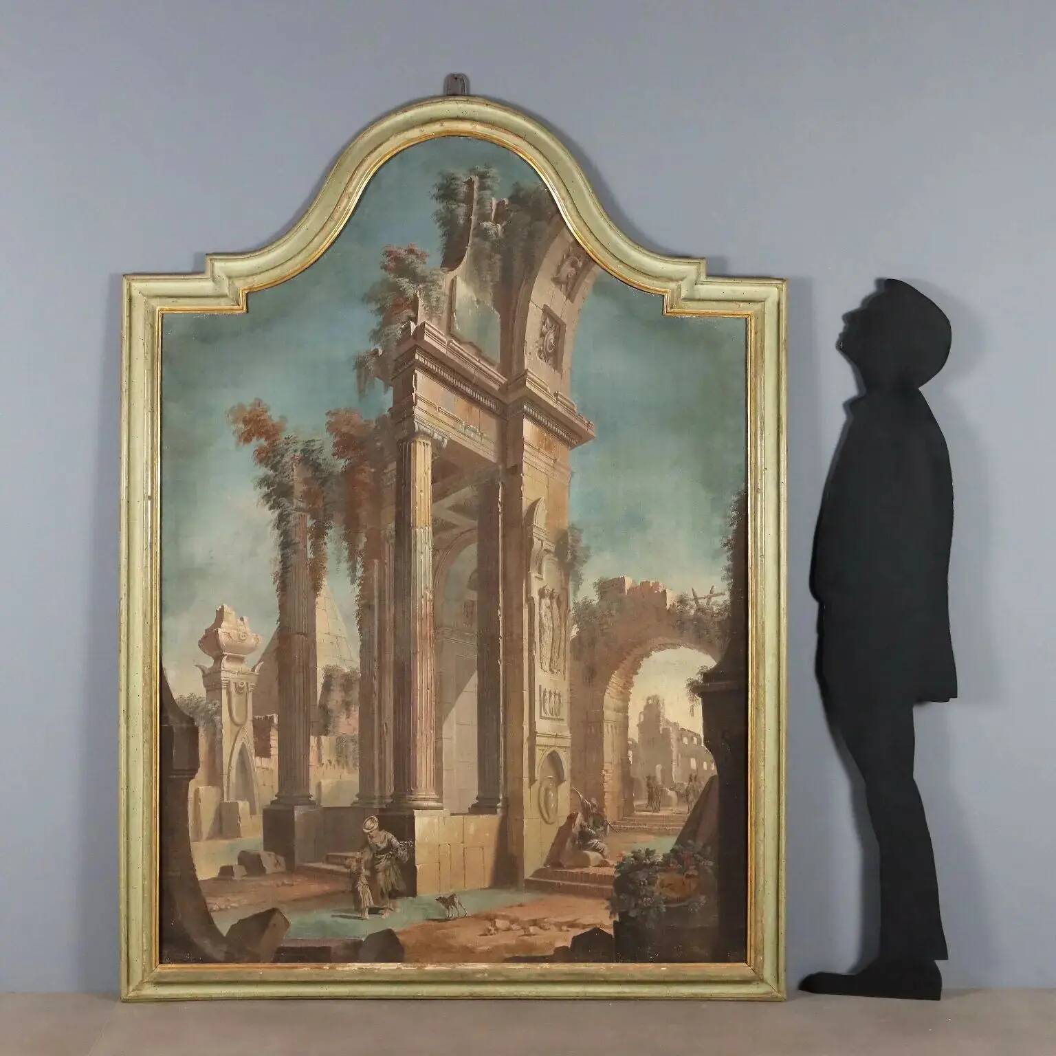 Ancient painting, architectural view, tempera on canvas, 18th century.