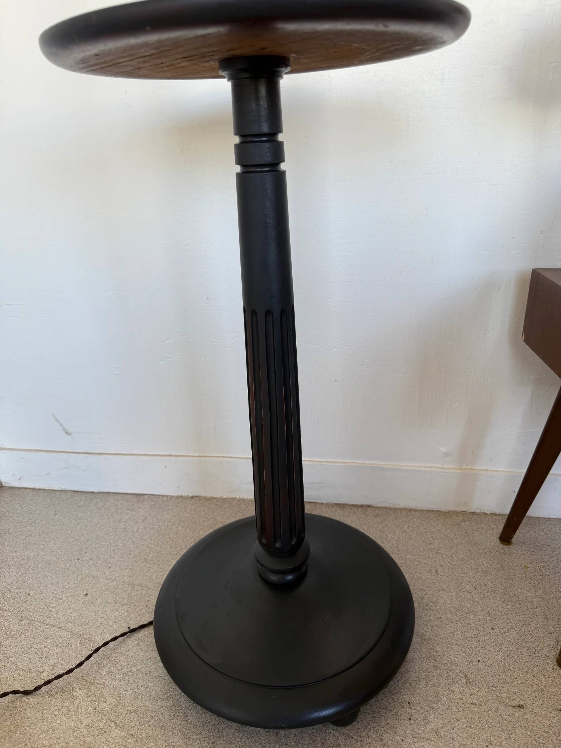 Vintage floor lamp in black patinated wood and striped lampshade