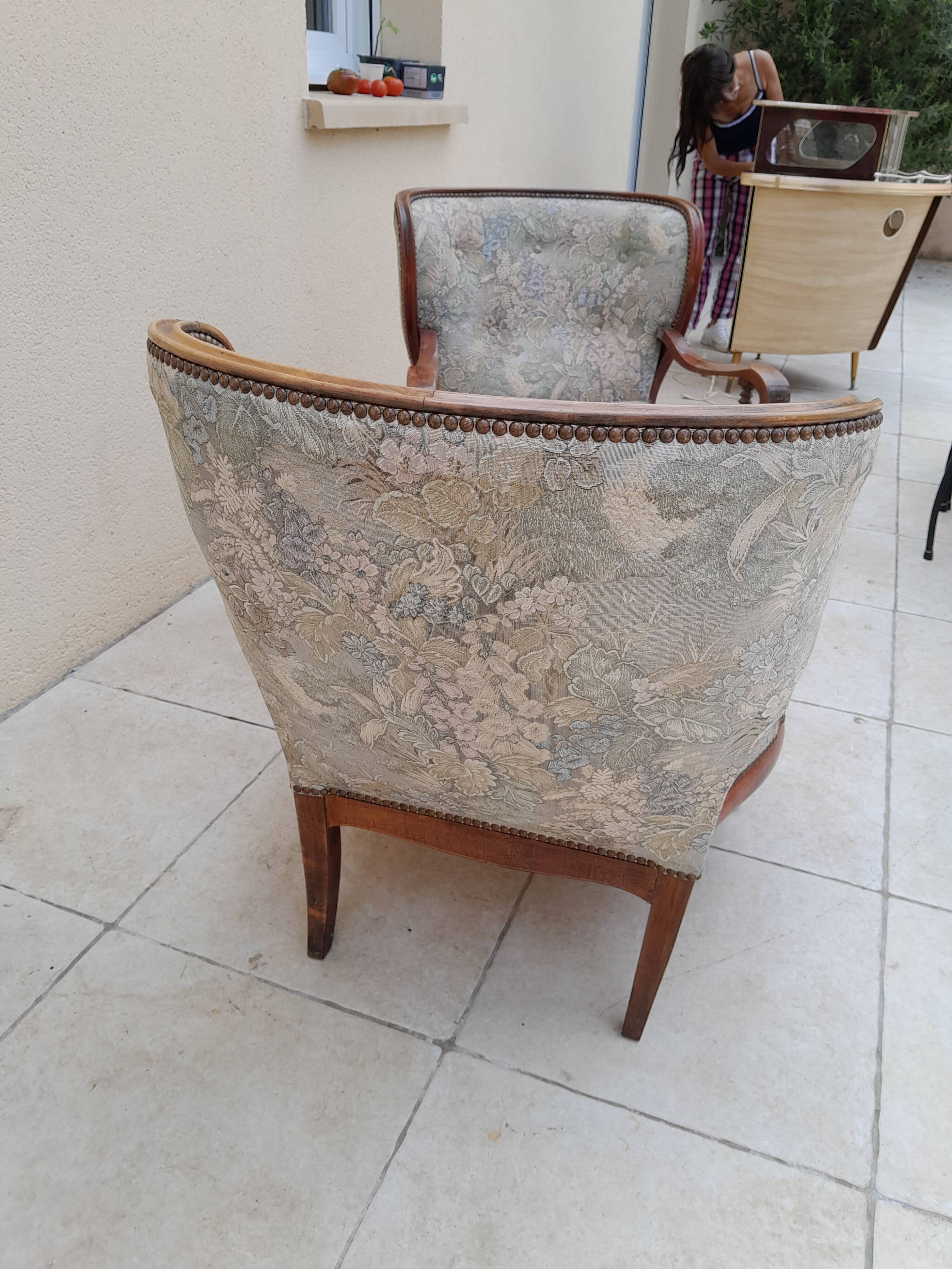 Pair of vintage antique bergère armchairs