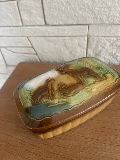 Gien earthenware butter dish slash country decor: deer, deer, forest