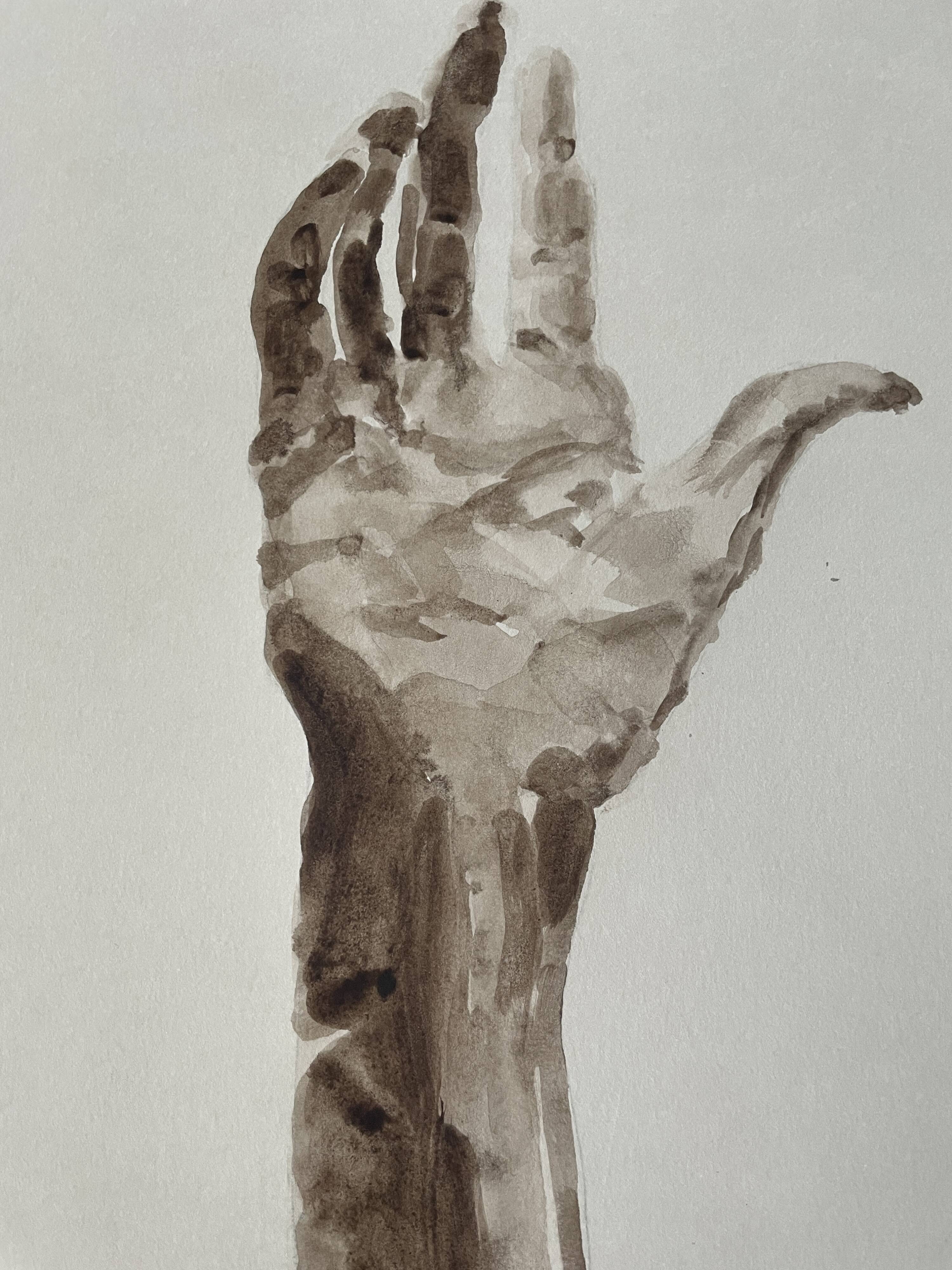 Painting signed watercolor monochrome sepia study statue “the hand reveals the man”