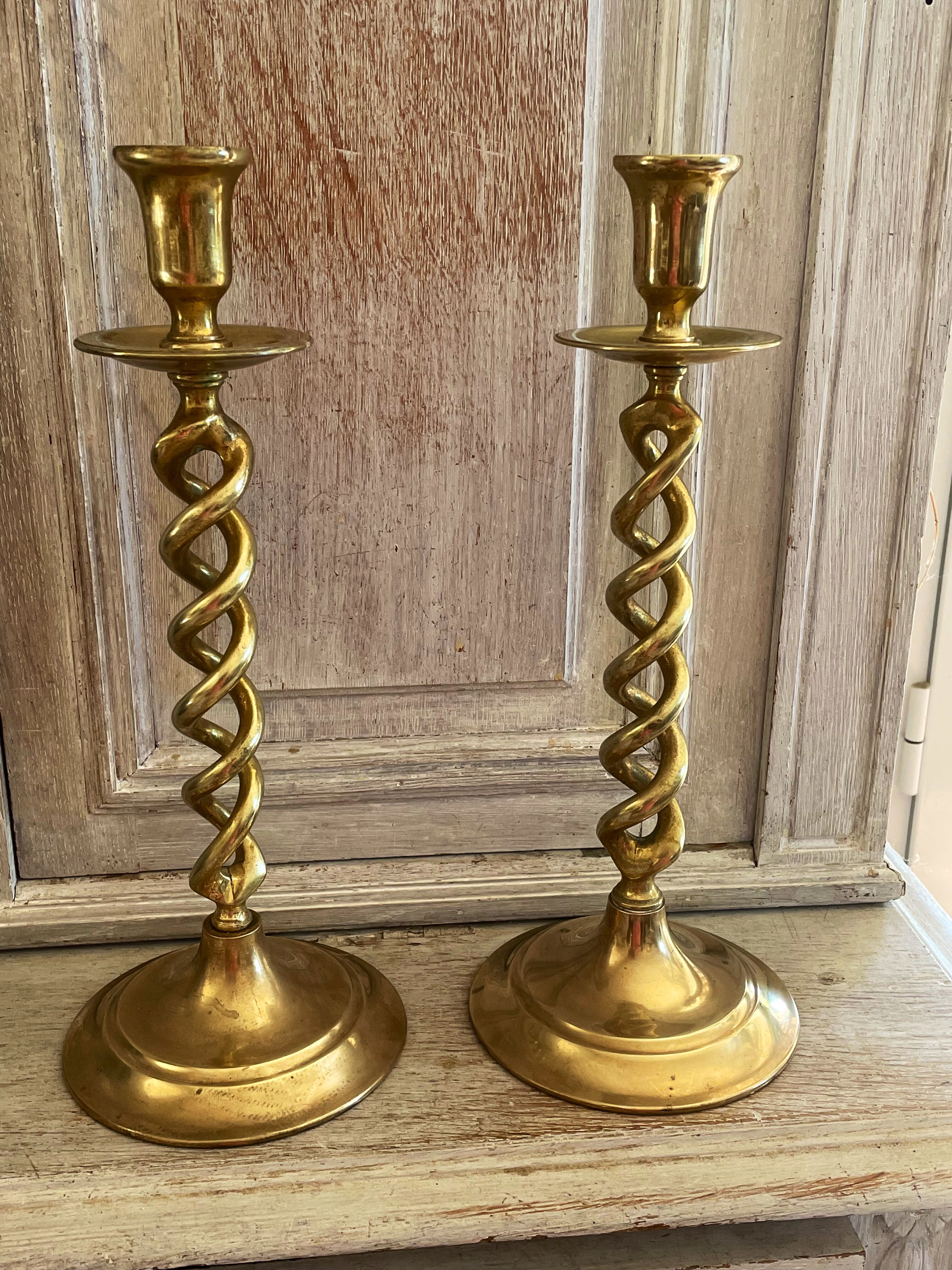Old pair of twisted candle holders in gilded bronze 32.5cm