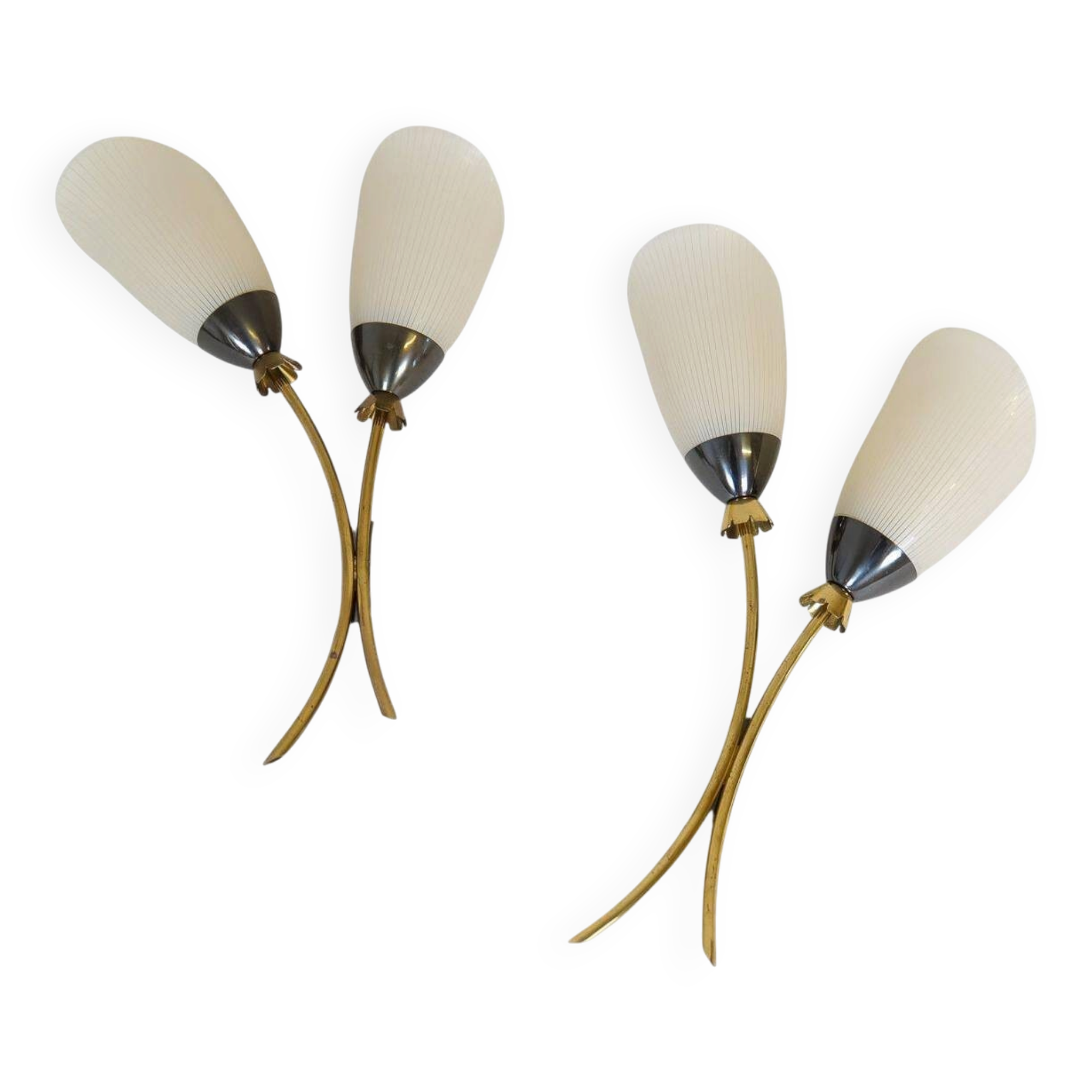 Mid-century pair of wall lamps in brass and opaline attributed to Asea Sweden, 1950s.