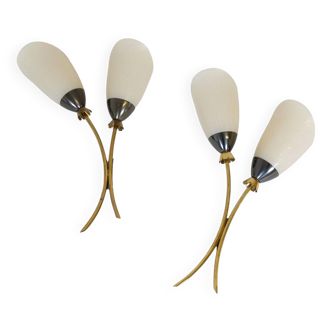 Mid-century pair of wall lamps in brass and opaline attributed to Asea Sweden, 1950s.