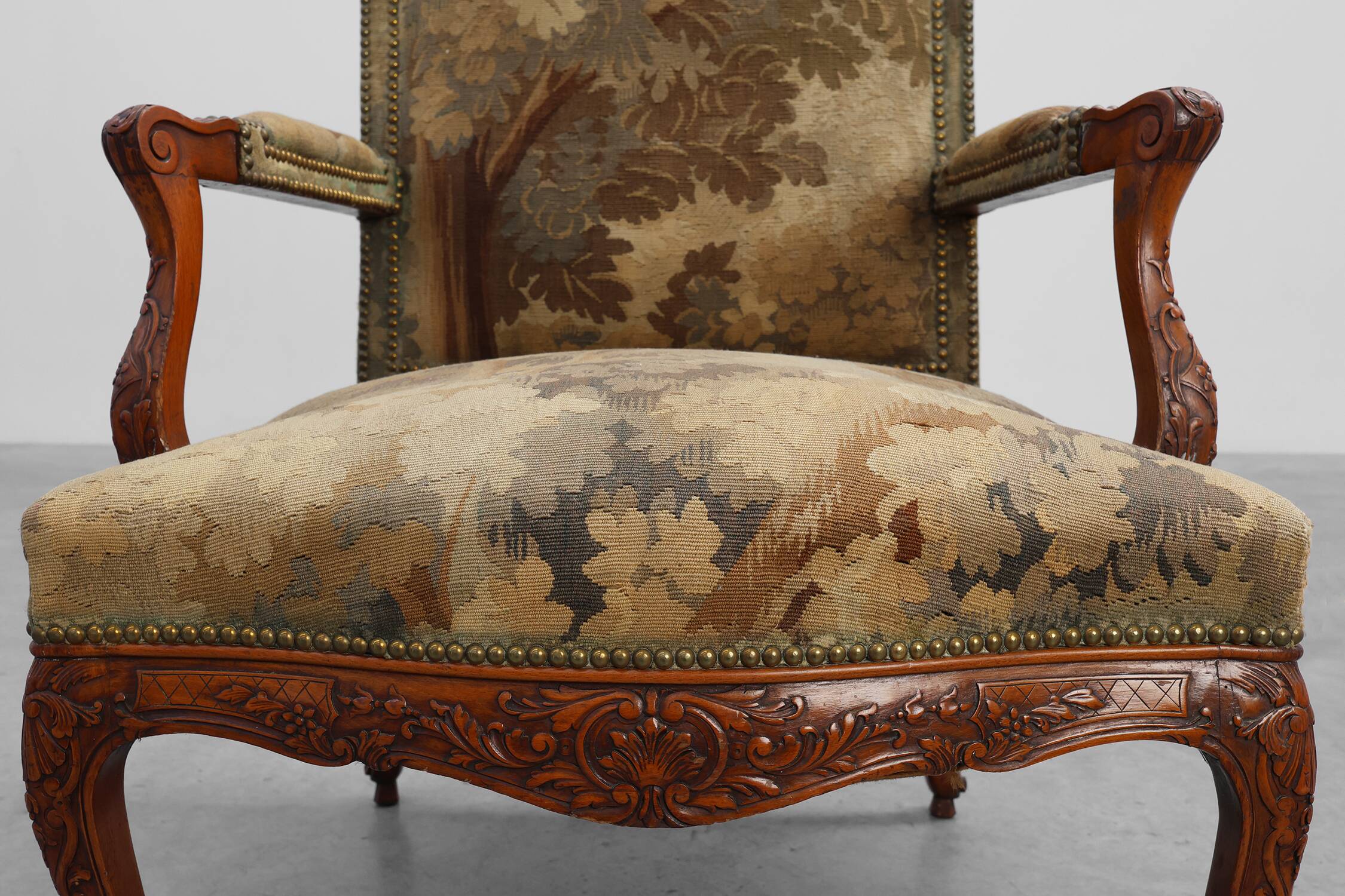 Carved Walnut Armchair with Cabriole Legs and Tapestry Upholstery, France