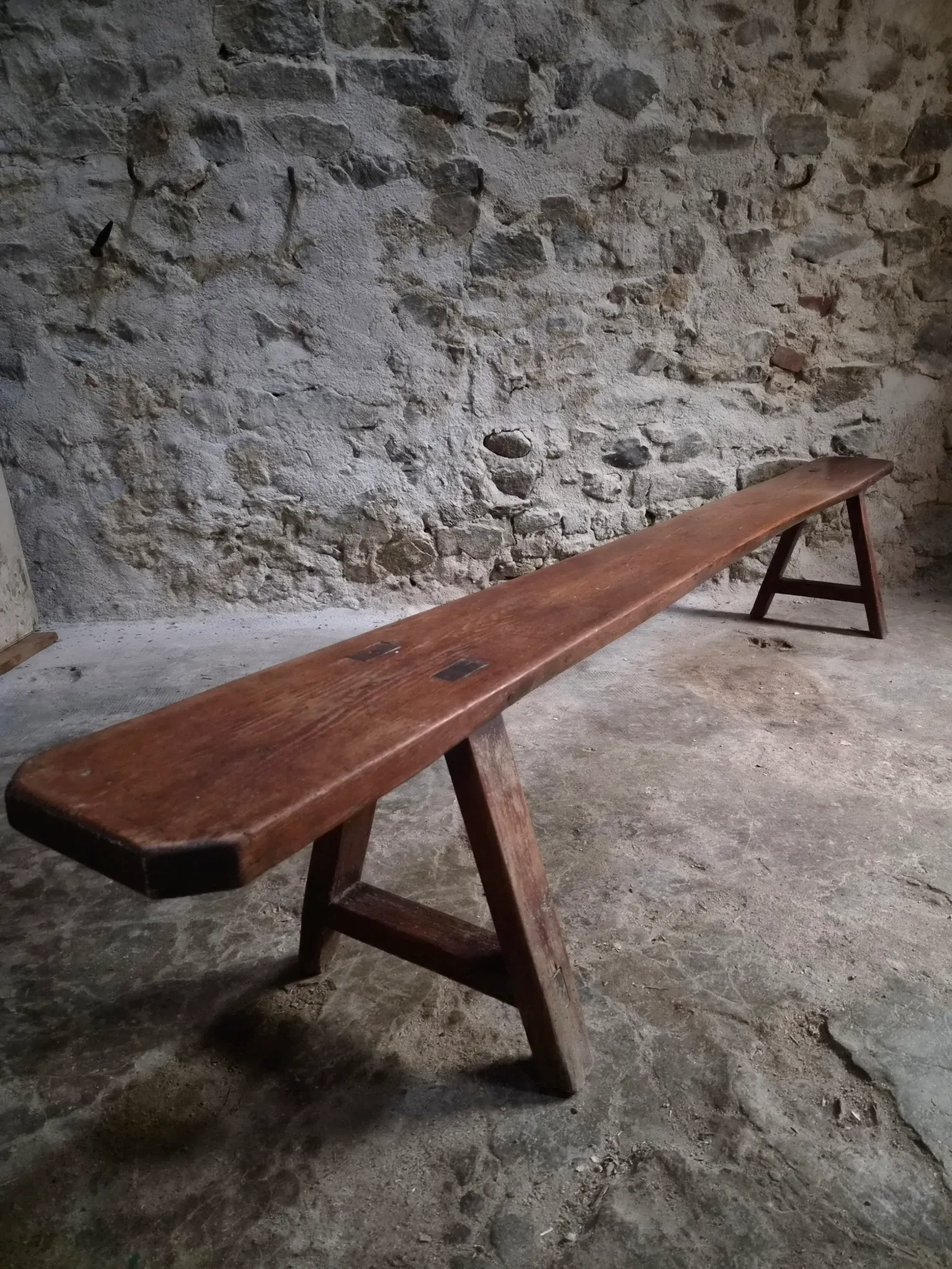 Antique farmhouse bench, 266 cm – oak and pine, 19th century, France