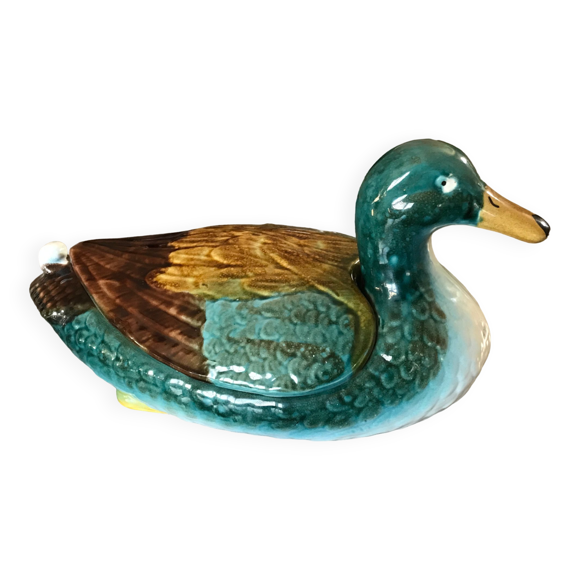 Soupière centrale, plat et couvercle en céramique émaillée polychrome, forme canard
