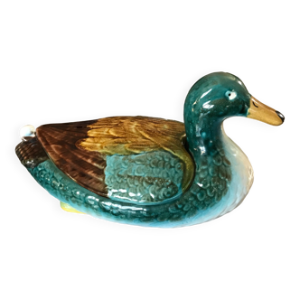 Central soup, dish and lid in polychrome enamelled ceramic, duck shape