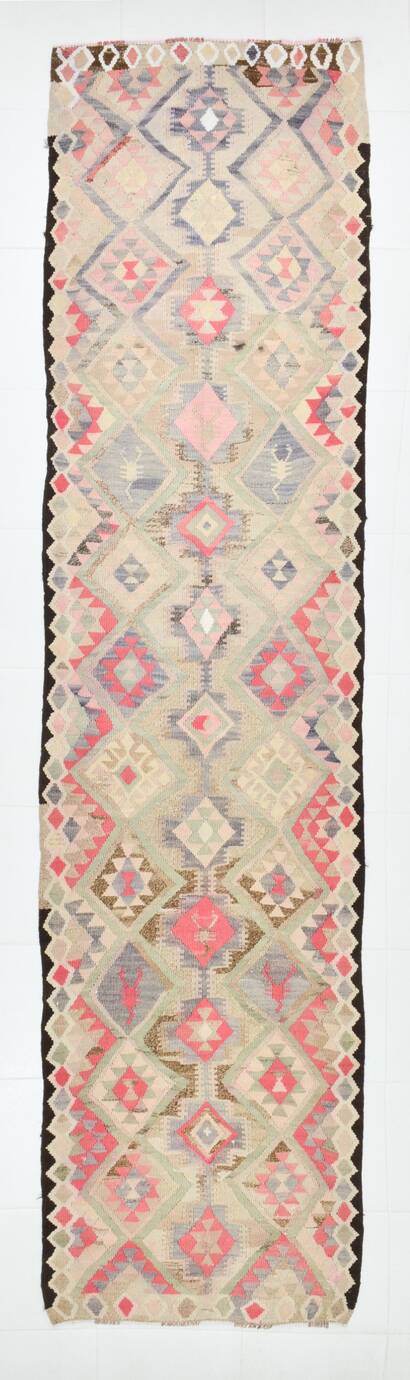 3x12 Pink & Beige Geometric Kilim Runner Rug, 94x378Cm