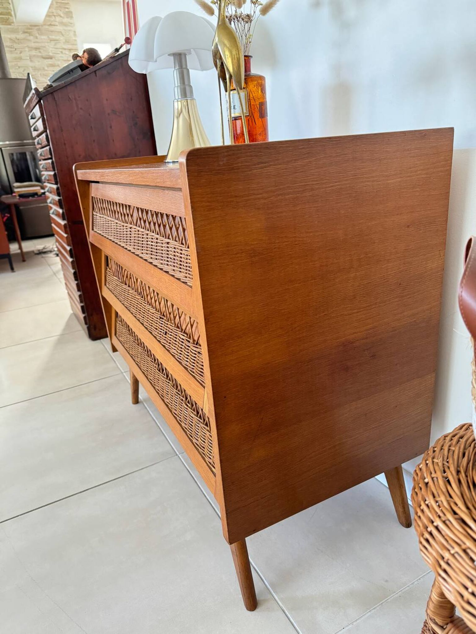 Commode bois et rotin vintage