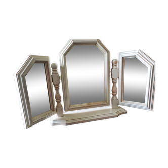 Tryptic mirror vintage country style in white wood