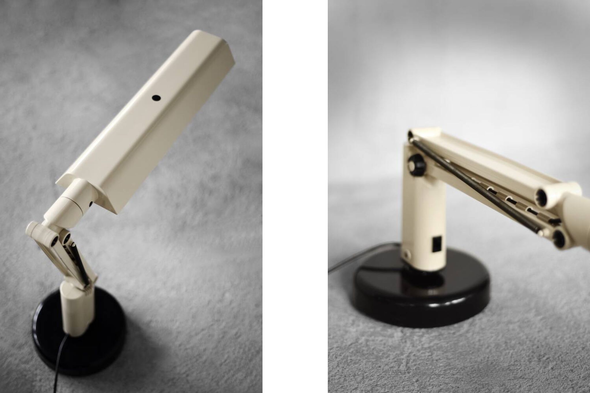 Beige plastic table lamp Lucifer, mid-century modern Scandinavian style.