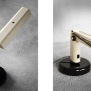 Beige plastic table lamp Lucifer, mid-century modern Scandinavian style.