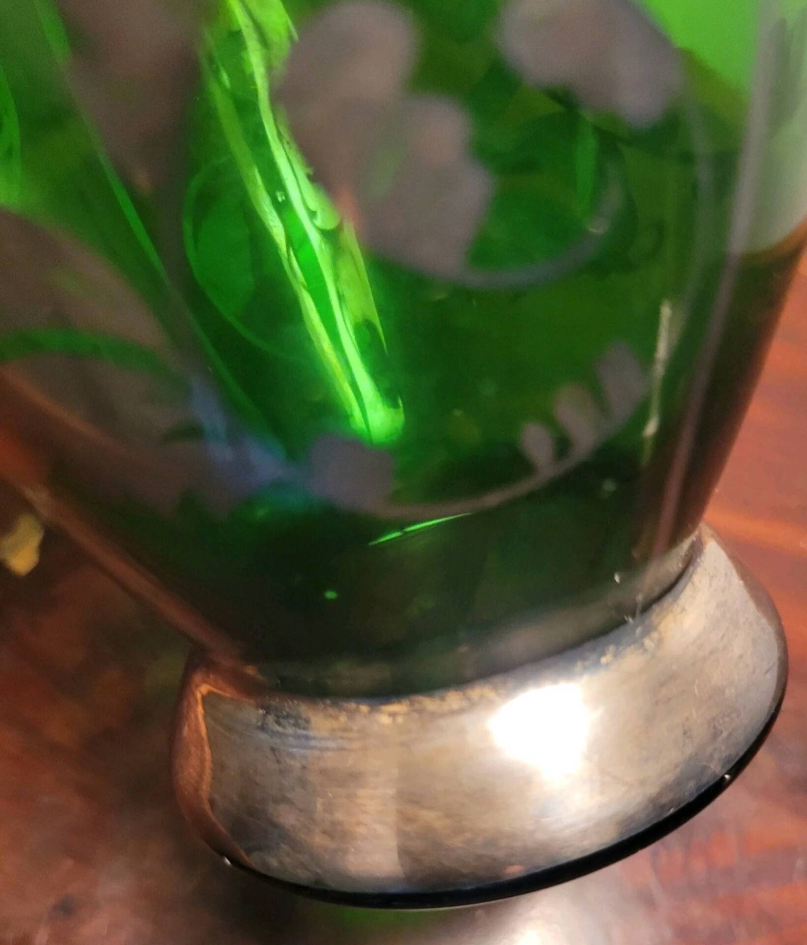 Murano glass alcohol bottle green & silver 1930s - 1940s.