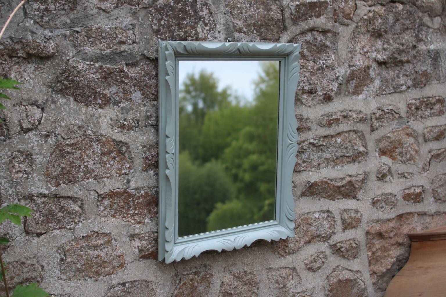 Vintage wall mirror in carved blue-green wood – rococo style – H48 cm