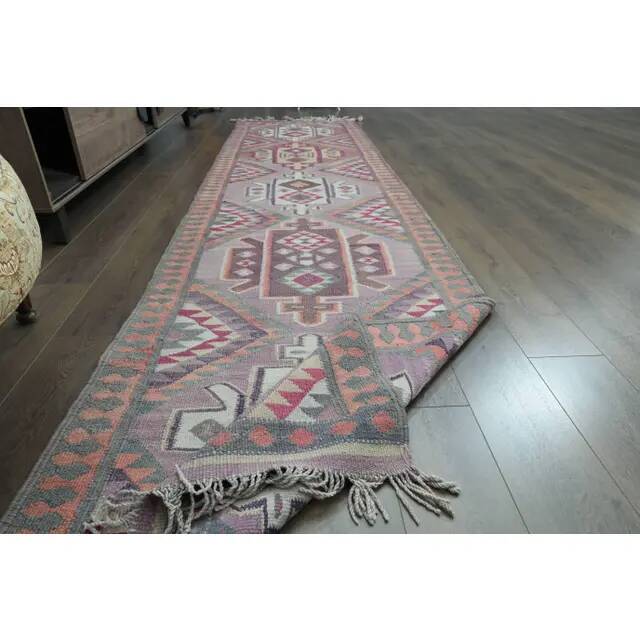1970s Vintage Turkish Oushak Handmade Wool Cotton Purple Runner Rug 97x385