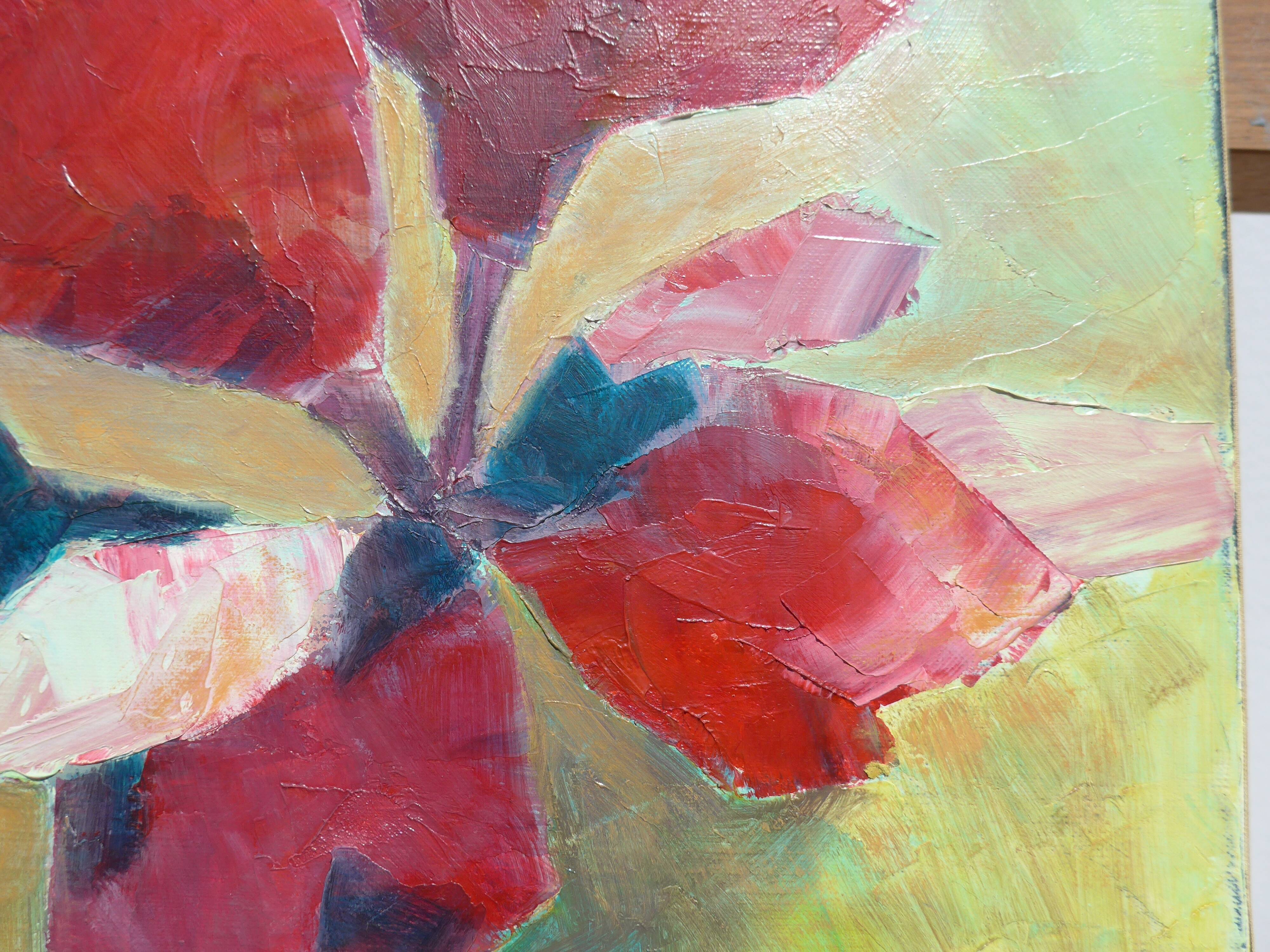 Ancient canvas red flower and fuchsia not signed