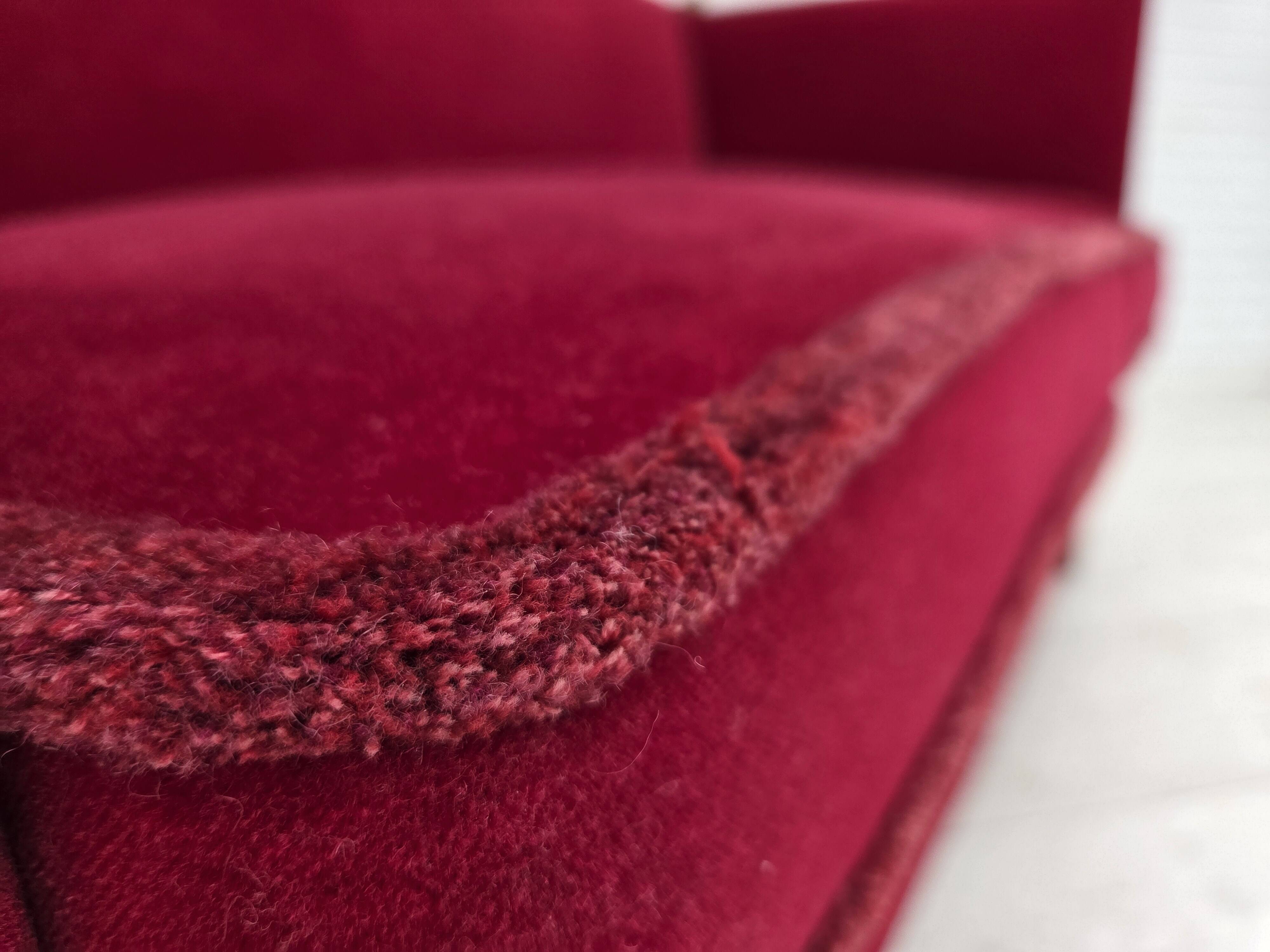 1970s, Danish 2-seater "Spanish" drop arm sofa, red furniture velour.