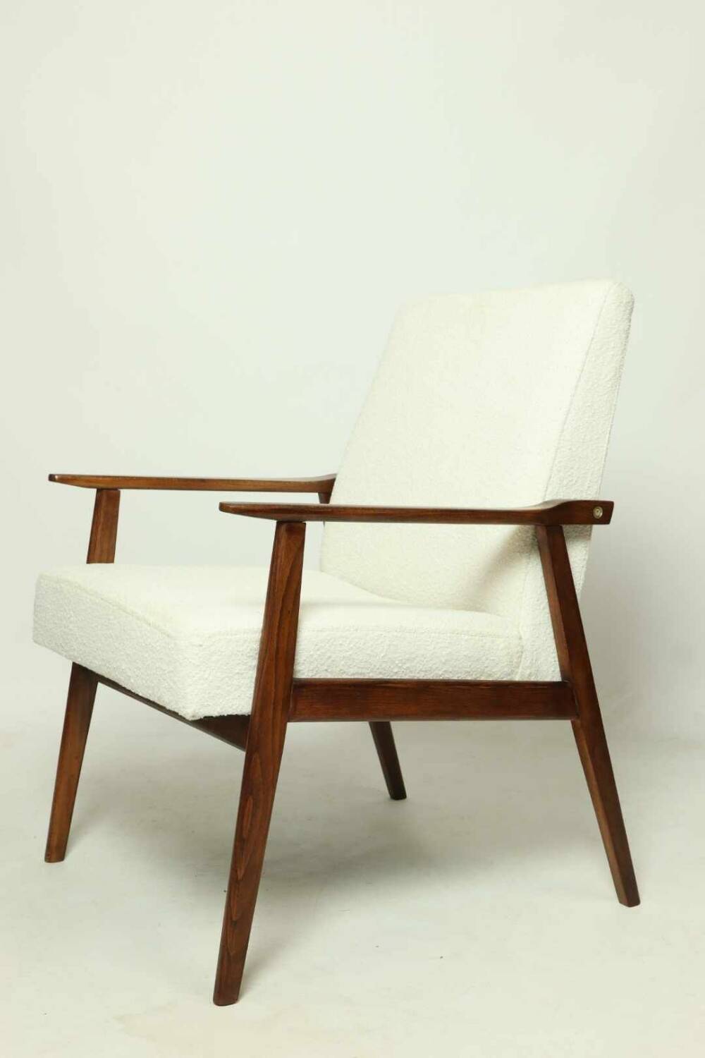 Vintage Armchair Lounge chair White Bouclette Wooden Armchair Mid Century Modern