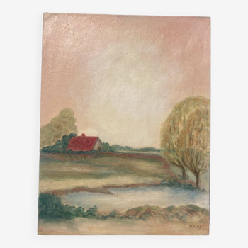 Tableau paysage champetre ancien / peinture huile
