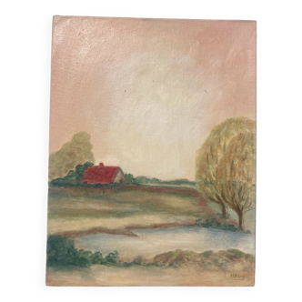 Tableau paysage champetre ancien / peinture huile