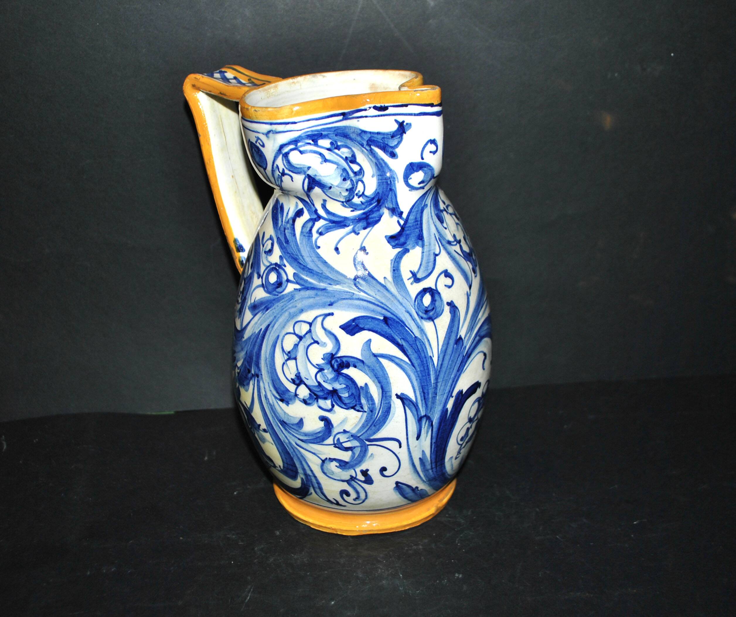 Large Italian ceramic pitcher barbotine majolica blue and yellow decoration