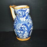 Large Italian ceramic pitcher barbotine majolica blue and yellow decoration