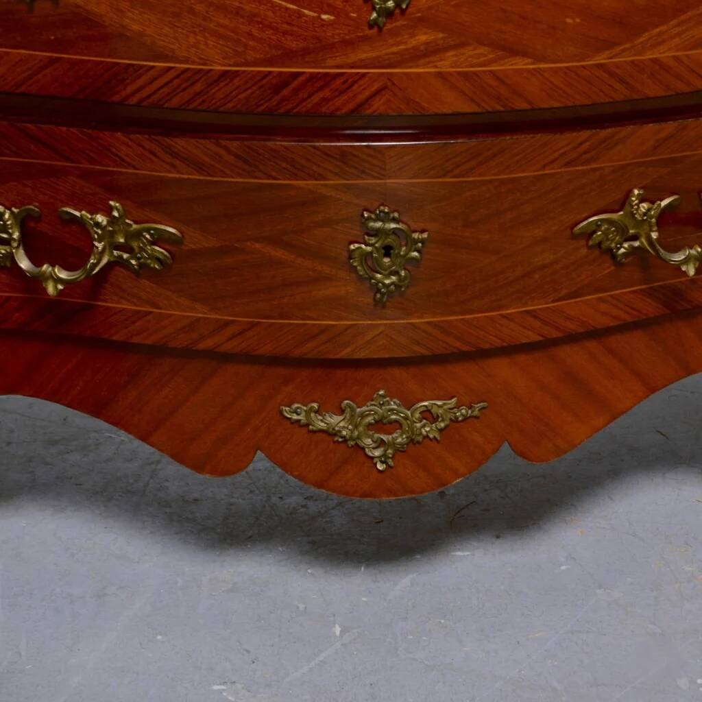 Curved Louis XV style vintage commode in marquetry - stone top - 3 drawers