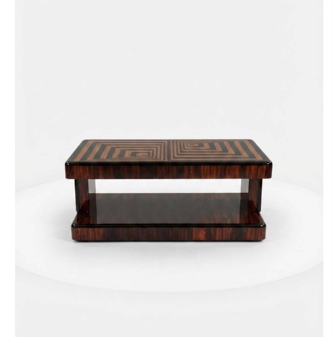 An Art Deco coffee table made of beech wood, rosewood, and marquetry.