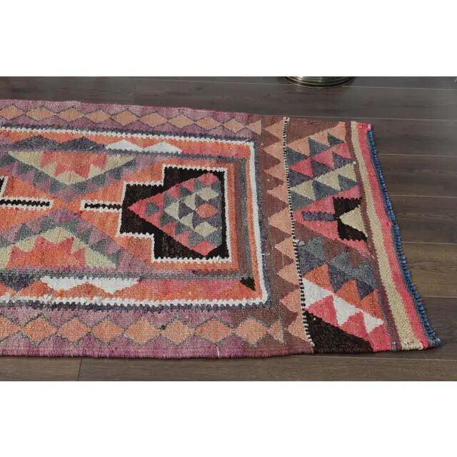 1970s Vintage Turkish Handmade Wool & Cotton Pink Runner Rug 101x318