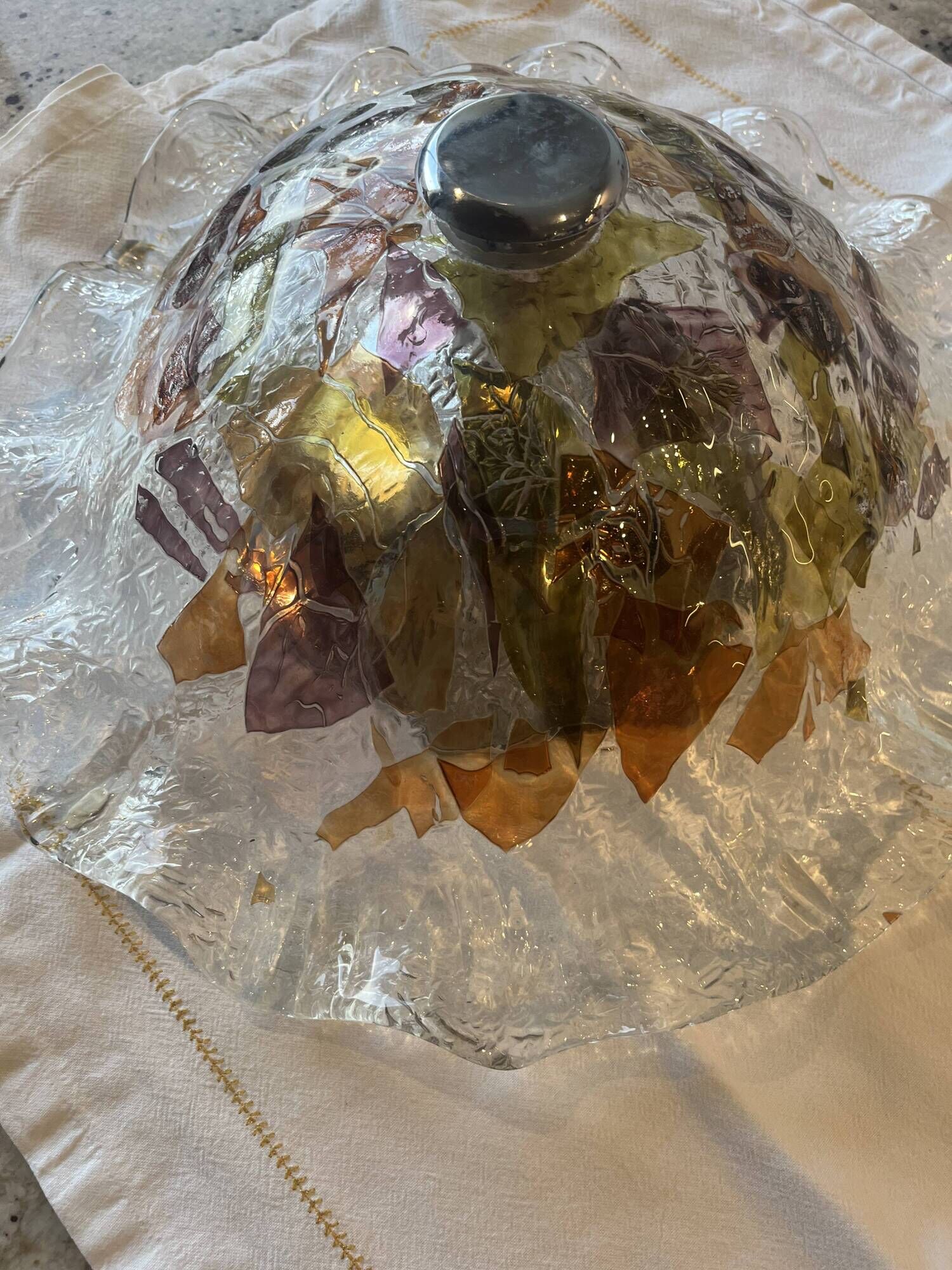 Grand plafonnier vintage en verre texturé polychrome, style Murano / grani