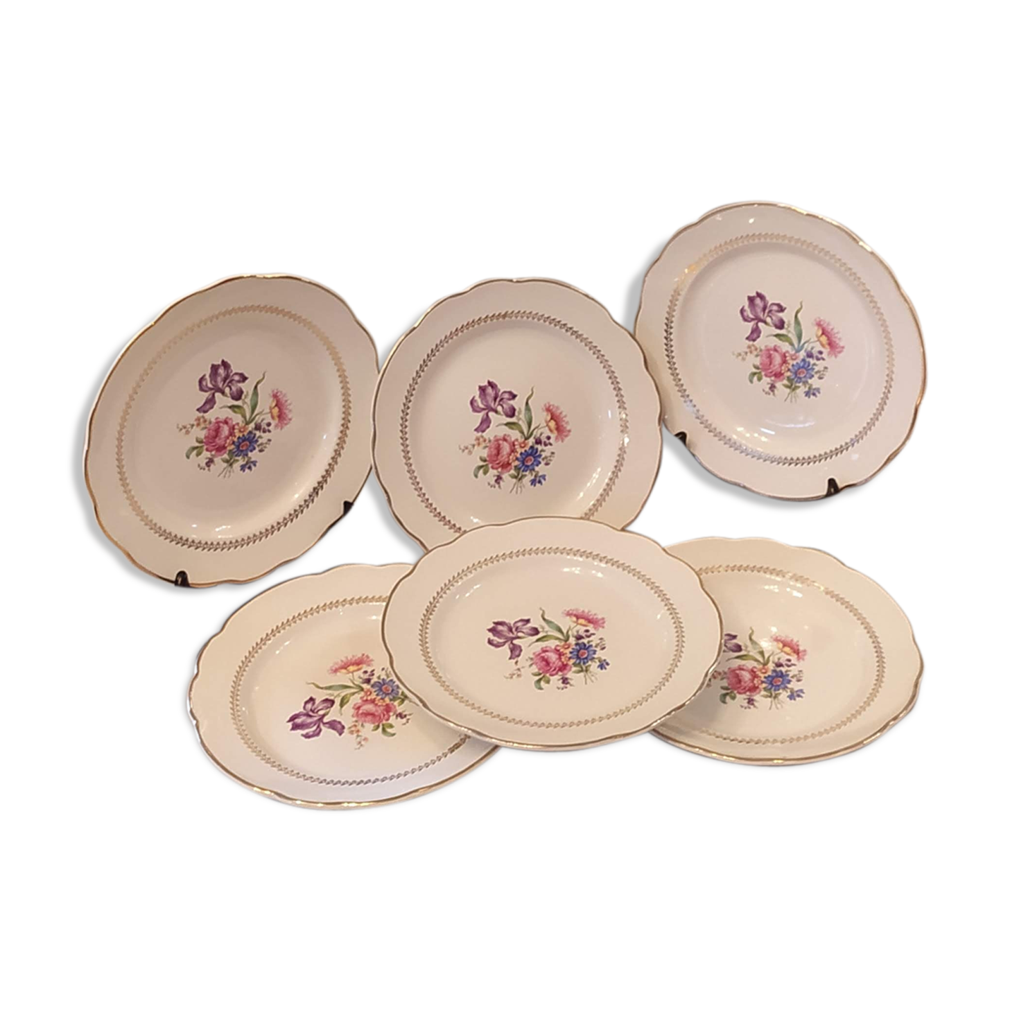 set of six vintage plates, Gien earthenware, floral style