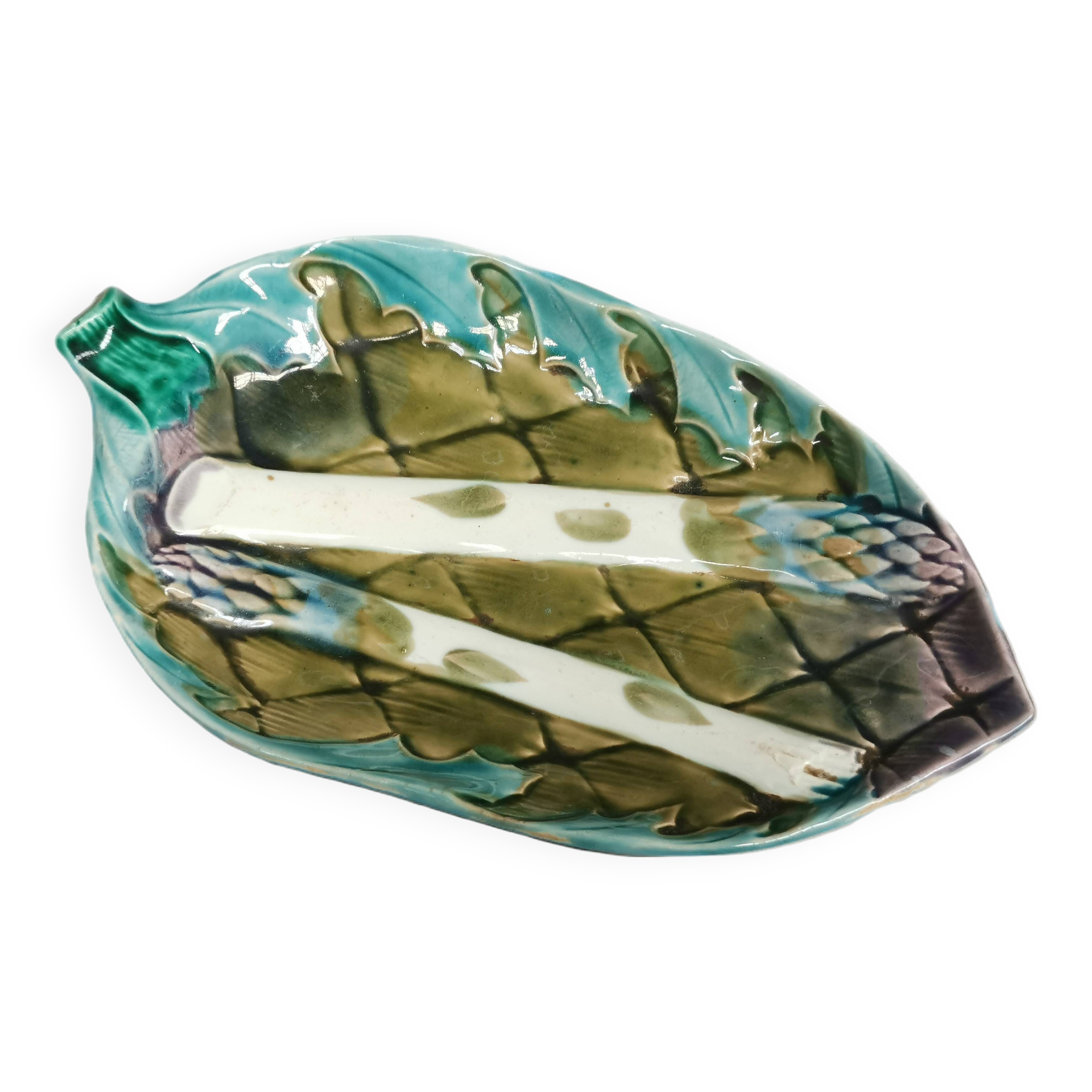 Old asparagus / artichoke dish. majolica barbotine luneville