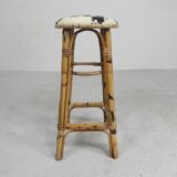 Bamboo bar stool with leatherette seat in cow print, 1950s