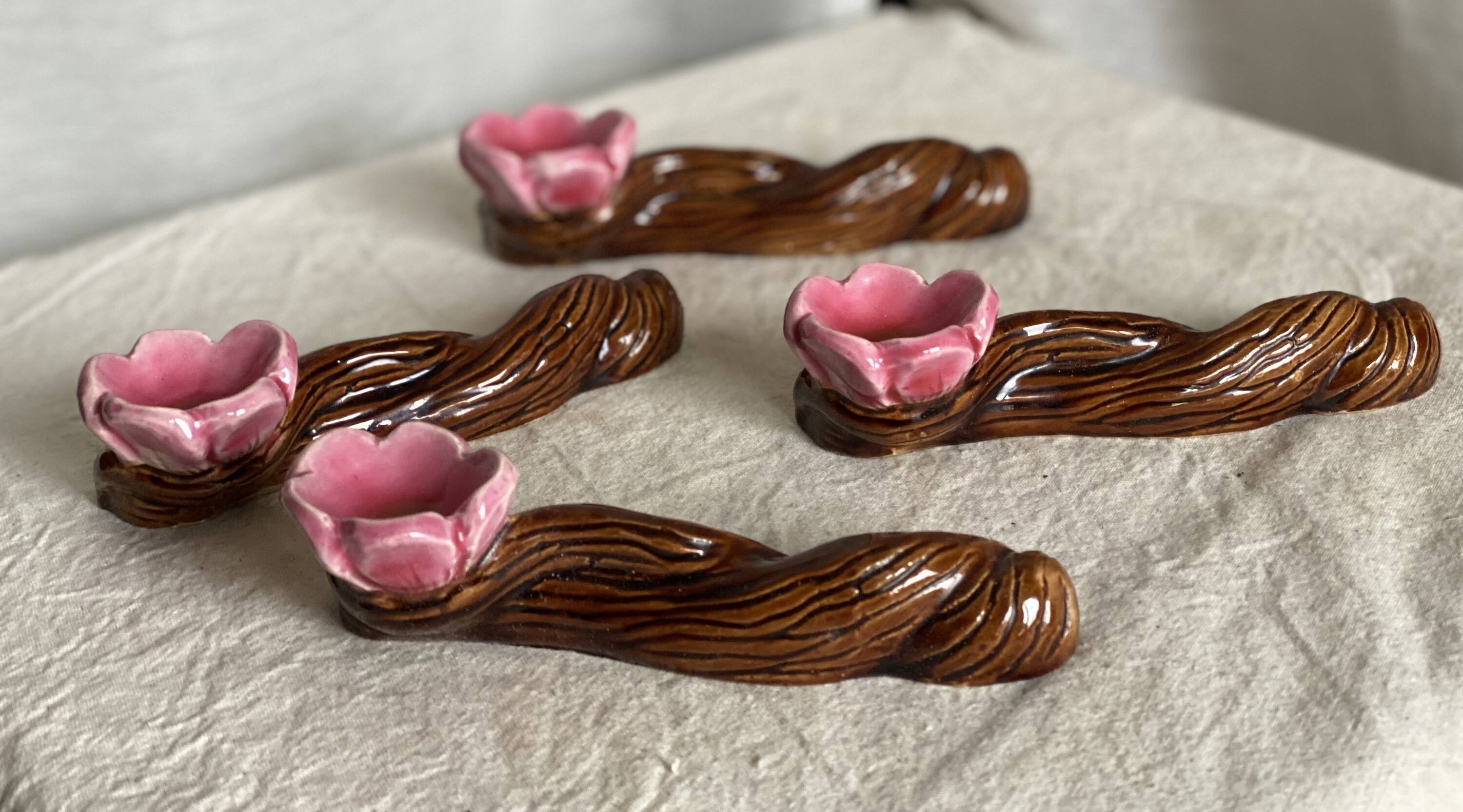 Set of 4 vintage 1960s barbotine table decoration candlesticks