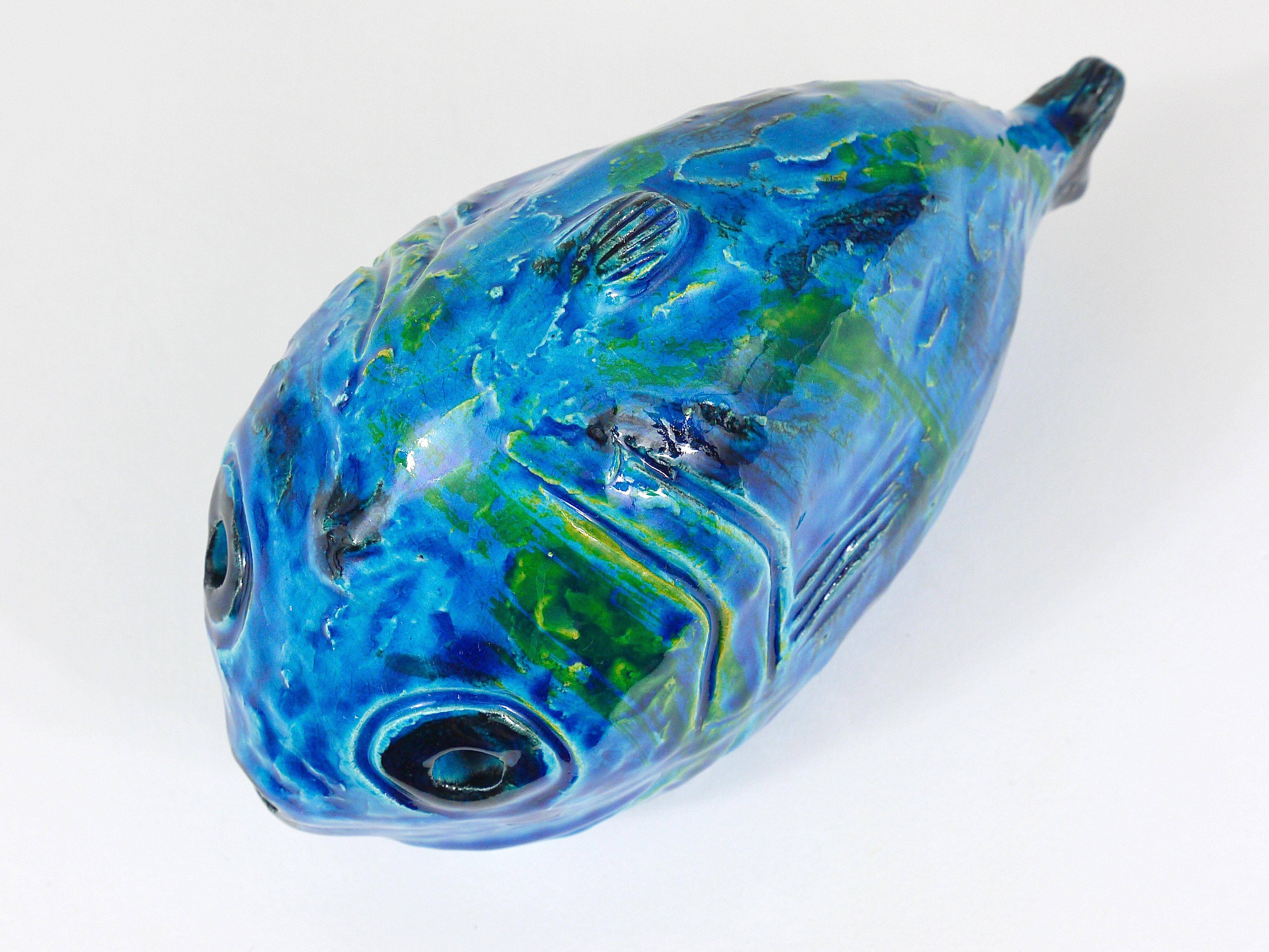 Blue enamelled fish sculpture Rimini by Aldo Londi Bitossi, Italy, 1950s