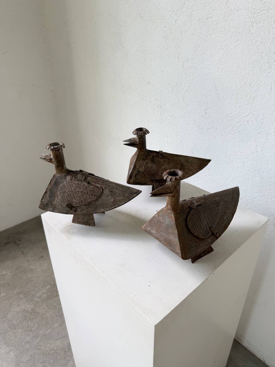 Series of three brutalist Folk Art candle holders