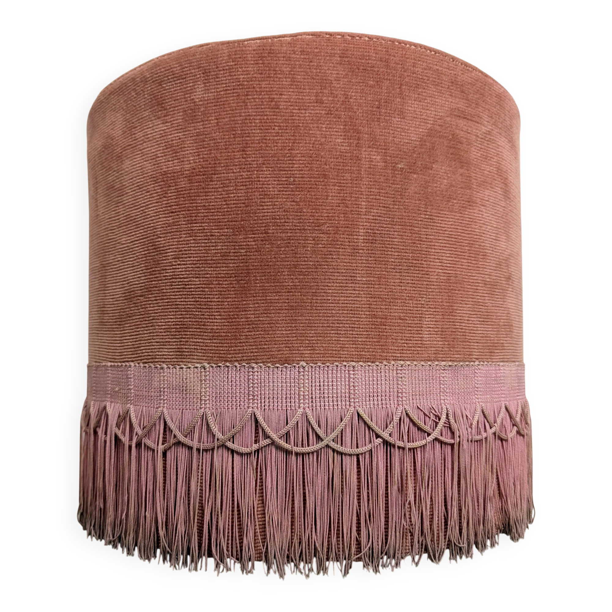 Pouf rond velours vieux rose à franges